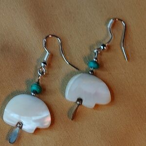 🔥 MOTHER OF PEARL-BEAR, MOJAVE TURQUOISE,-99.9-PURE STERLING EARRINGS. PIERCED.